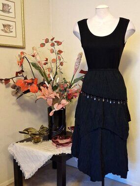 New Quality Black Long Skirts Tiered Flowy Lined Midi Asymmetrical Skirt 12